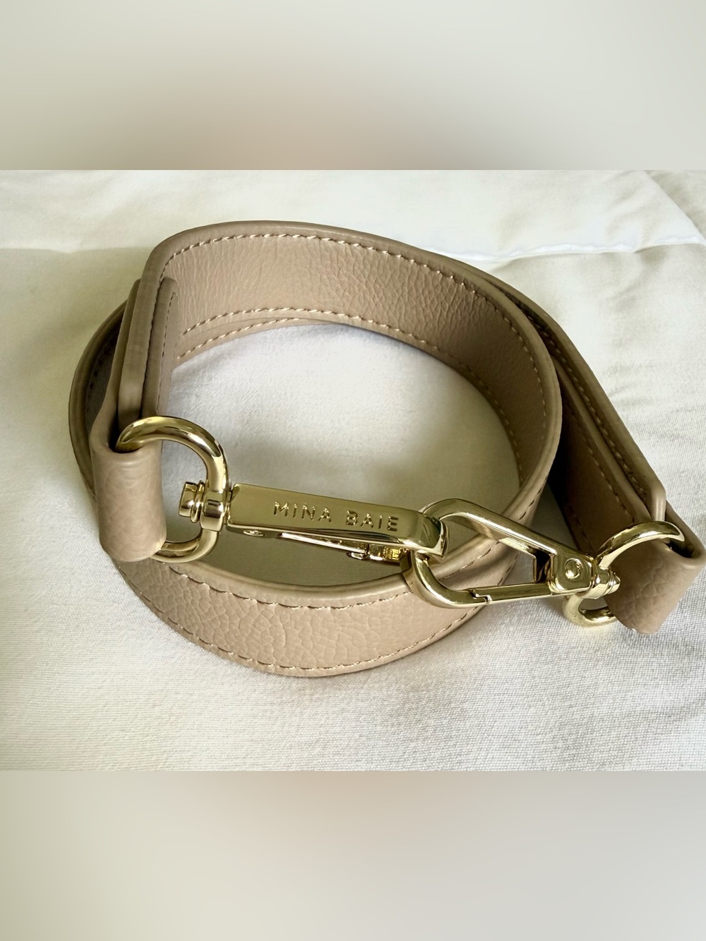 Mina Baie Short Taupe Leather Replacement Strap Goldtone Push Gate Snap
